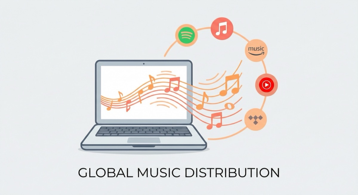 Independent artist uploading music to streaming platforms on a laptop Independent artist uploading music to streaming platforms on a laptop