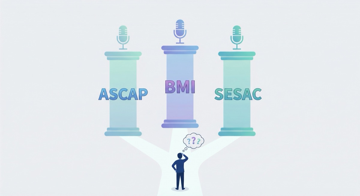 A person choosing between three performing rights organizations: ASCAP, BMI, and SESAC A person choosing between three performing rights organizations: ASCAP, BMI, and SESAC