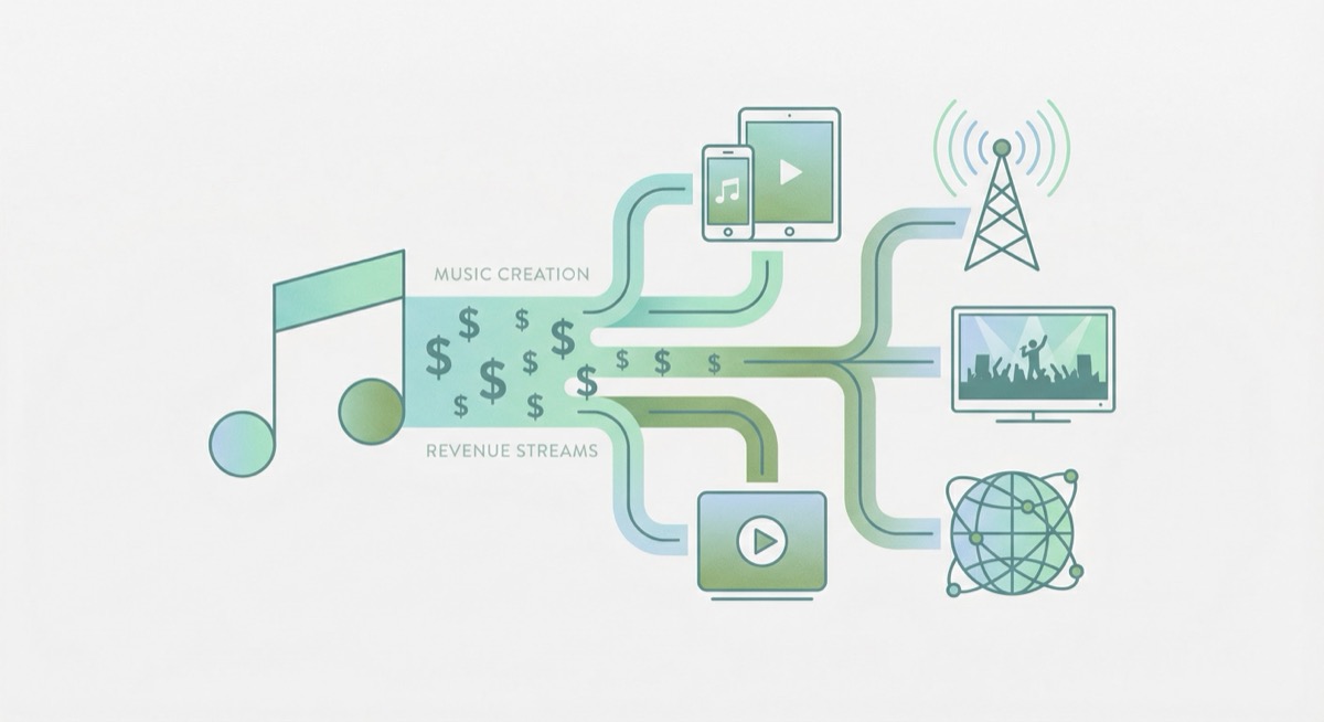 Music creation flowing through revenue streams - streaming, radio, TV, and global distribution