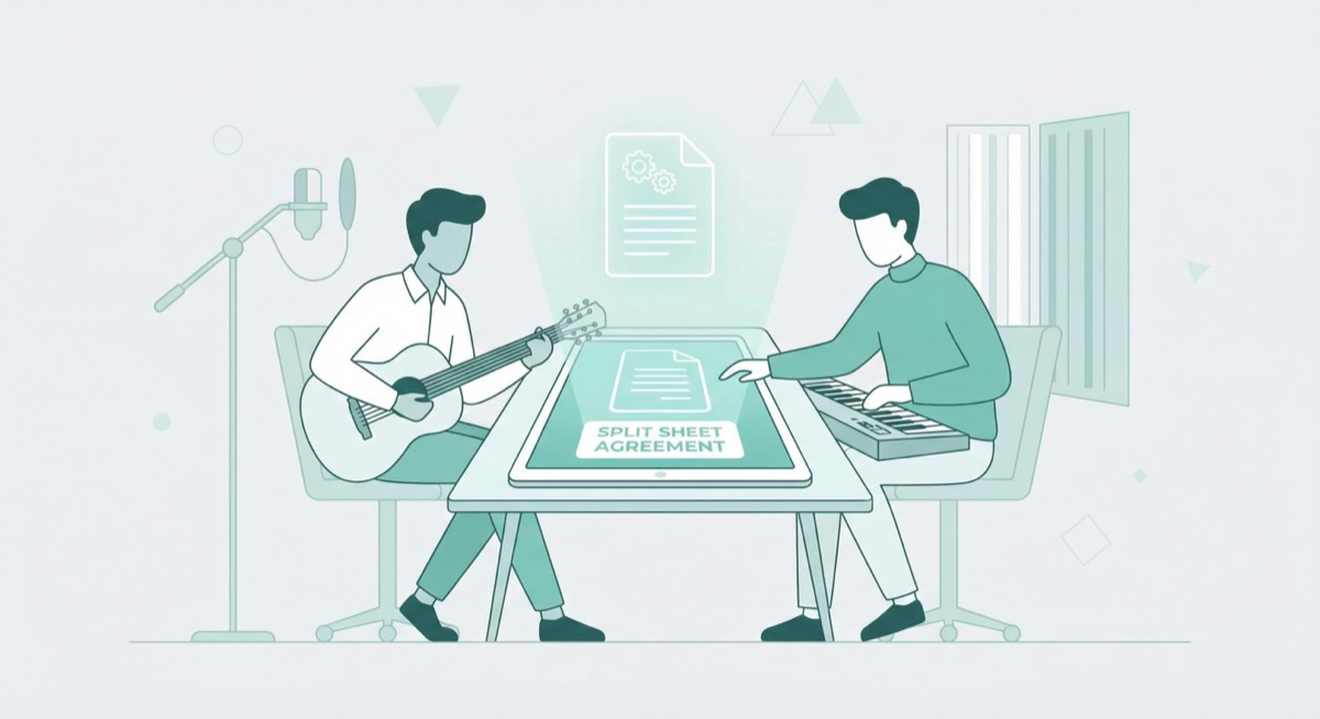 Two musicians collaborating over a split sheet agreement in a recording studio
