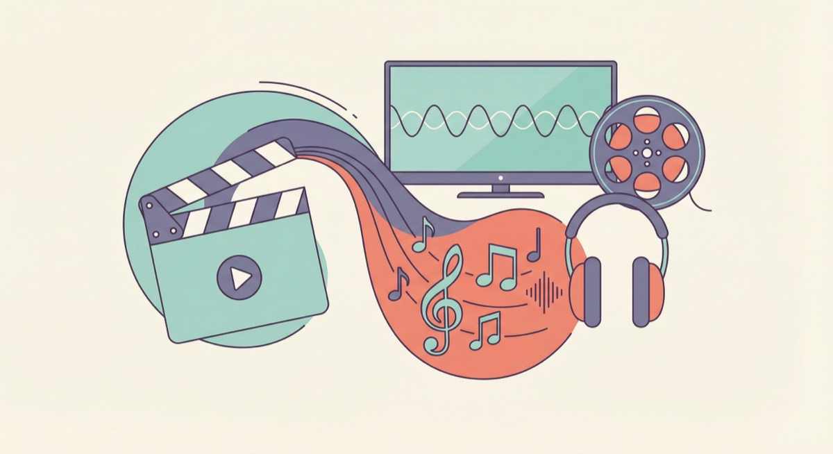 Film clapperboard and musical notes merging together, representing sync licensing